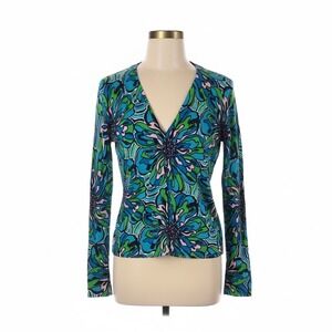 Lilly Pulitzer Womens Small Blue Green Floral Cotton V-Neck Cardigan Sweater